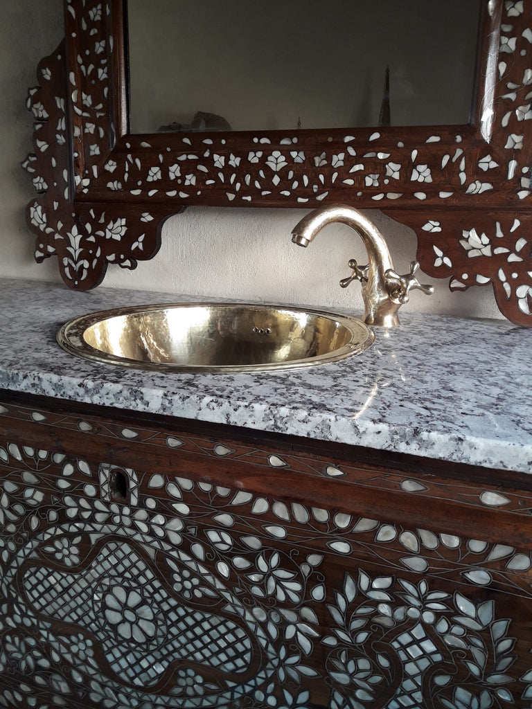 Antique syrian mother of pearl vanity sink with mirror & brass
